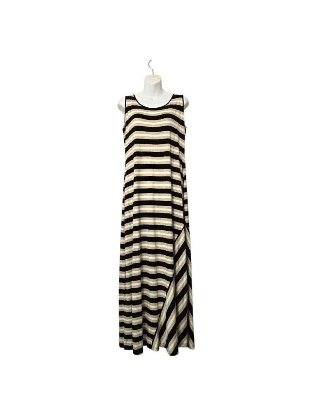 Calvin Klein Tan & Black Striped Jersey Knit Sleeveless Maxi Dress Sz 12